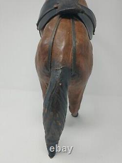 Vintage Leather Wrapped Horse Statue Hand Carved Wood Figure Green Glass Eyes