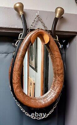 Vintage Leather and Brass Horse Collar Wall Mirror Decor