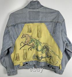 Vintage Levi's Jean Jacket Denim Custom Leather Horse Patch Tassels Large 90s