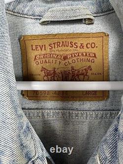 Vintage Levi's Jean Jacket Denim Custom Leather Horse Patch Tassels Large 90s