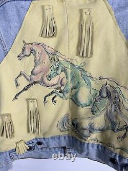 Vintage Levi's Jean Jacket Denim Custom Leather Horse Patch Tassels Large 90s