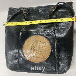 Vintage Marsha De Arriaga Colombia Leather Equestrian Horse Black Tote Bag Purse