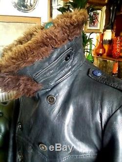 Vintage Mats Larsson Swedish Military Officers Horse Hide Leather Coat. Large-XL