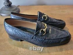 Vintage Mayer real Ostrich Black Leather Horse Bit Slip on Loafer Shoes 7.5 8 D