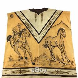 Vintage Mexican Gaban Poncho Serape Fringe Cowboy Horses Etched Leather Western
