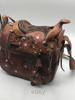 Vintage Mexican Tooled Leather Flowers Horse Saddle Bag Purse