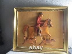 Vintage Mid Century Leather Horse Man Dogs Handmade Art framed picture MCM 50s