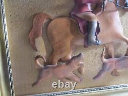 Vintage Mid Century Leather Horse Man Dogs Handmade Art framed picture MCM 50s