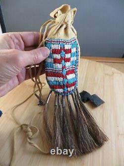 Vintage Native American Strike a Lite Beaded Bag Leather Pouch Horse Hair