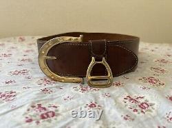 Vintage Neiman Marcus Wide Brown Leather Belt Horse Shoe Buckle Stirup Size Med