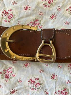 Vintage Neiman Marcus Wide Brown Leather Belt Horse Shoe Buckle Stirup Size Med