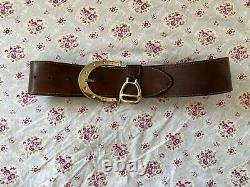 Vintage Neiman Marcus Wide Brown Leather Belt Horse Shoe Buckle Stirup Size Med