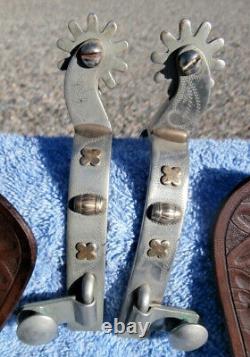 Vintage Nickel Silver Brass Ricardo Horse Spurs Jerry Dyck Tooled Leather Straps