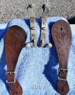 Vintage Nickel Silver Brass Ricardo Horse Spurs Jerry Dyck Tooled Leather Straps