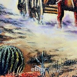 Vintage Oil Painting on Leather Hide Stretched Western Wagon Horses 30 X 23