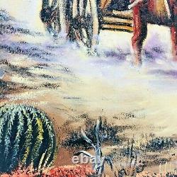 Vintage Oil Painting on Leather Hide Stretched Western Wagon Horses 30 X 23