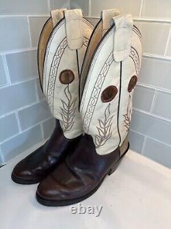 Vintage Olathe 2 Tone Brown & Bone Leather Buckaroo Tall Cowboy Western Boots 9