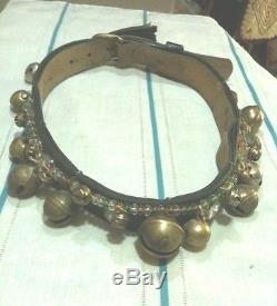 Vintage-Old-Beaded-Horse-Necklace-Leather Collar-Decoration-bronz Bell-60 year-r