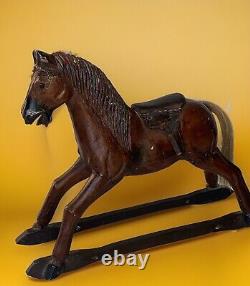 Vintage Primitive Antique Hand Carved Wood Horse With Hair Tail Leather Saddle