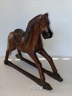 Vintage Primitive Antique Hand Carved Wood Horse With Hair Tail Leather Saddle