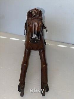 Vintage Primitive Antique Hand Carved Wood Horse With Hair Tail Leather Saddle