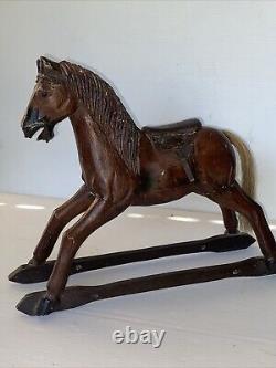 Vintage Primitive Antique Hand Carved Wood Horse With Hair Tail Leather Saddle