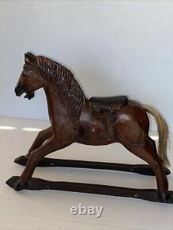 Vintage Primitive Antique Hand Carved Wood Horse With Hair Tail Leather Saddle