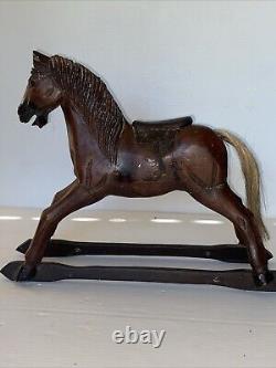 Vintage Primitive Antique Hand Carved Wood Horse With Hair Tail Leather Saddle