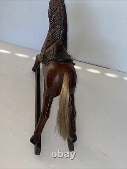 Vintage Primitive Antique Hand Carved Wood Horse With Hair Tail Leather Saddle