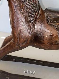 Vintage Primitive Antique Hand Carved Wood Horse With Hair Tail Leather Saddle