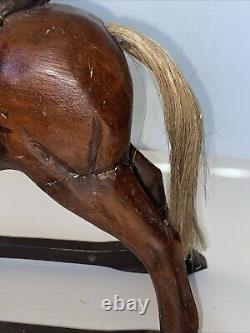 Vintage Primitive Antique Hand Carved Wood Horse With Hair Tail Leather Saddle