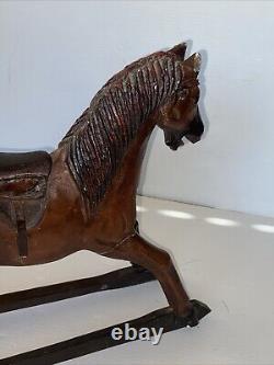 Vintage Primitive Antique Hand Carved Wood Horse With Hair Tail Leather Saddle