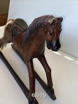 Vintage Primitive Antique Hand Carved Wood Horse With Hair Tail Leather Saddle