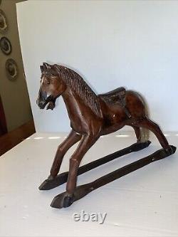 Vintage Primitive Antique Hand Carved Wood Horse With Hair Tail Leather Saddle