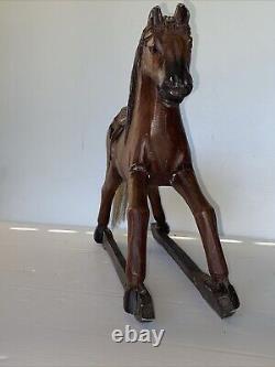 Vintage Primitive Antique Hand Carved Wood Horse With Hair Tail Leather Saddle