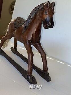 Vintage Primitive Antique Hand Carved Wood Horse With Hair Tail Leather Saddle