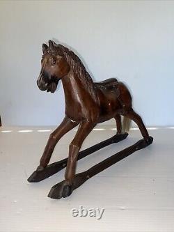 Vintage Primitive Antique Hand Carved Wood Horse With Hair Tail Leather Saddle