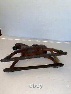 Vintage Primitive Antique Hand Carved Wood Horse With Hair Tail Leather Saddle