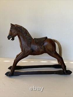 Vintage Primitive Antique Hand Carved Wood Horse With Hair Tail Leather Saddle