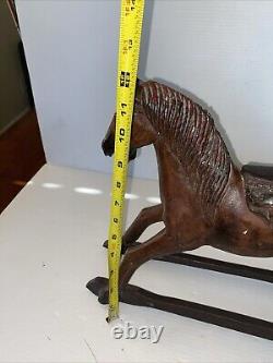 Vintage Primitive Antique Hand Carved Wood Horse With Hair Tail Leather Saddle