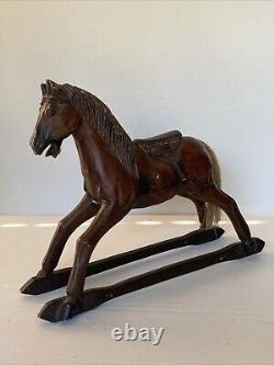 Vintage Primitive Antique Hand Carved Wood Horse With Hair Tail Leather Saddle