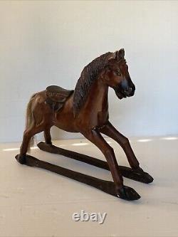 Vintage Primitive Antique Hand Carved Wood Horse With Hair Tail Leather Saddle