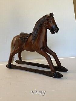 Vintage Primitive Antique Hand Carved Wood Horse With Hair Tail Leather Saddle