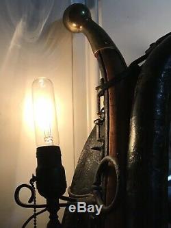 Vintage RARE Horse Collar Mirror Antique Lights, Black Iron Rings Leather Brass