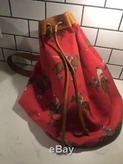 Vintage Ralph Lauren Red Polo Horse Canvas Gunnysack Leather Cinch Backpack Bag