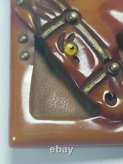 Vintage Rare Bakelite Horse Head Brooch Pin Leather Back Brass Studs Glass Eye