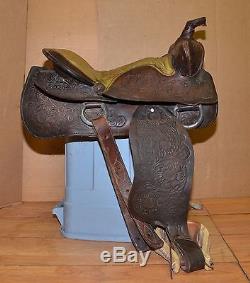 Vintage Red Ranger trail saddle hand tooled leather collectible Western horse
