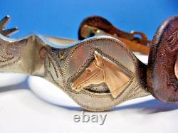 Vintage Ricardo Brass Horse Head Silver Spurs & Tooled Leather Straps Western