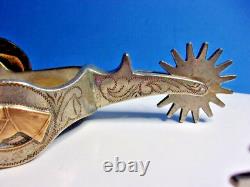 Vintage Ricardo Brass Horse Head Silver Spurs & Tooled Leather Straps Western