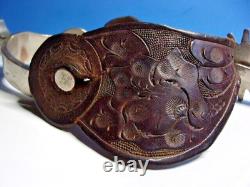 Vintage Ricardo Brass Horse Head Silver Spurs & Tooled Leather Straps Western